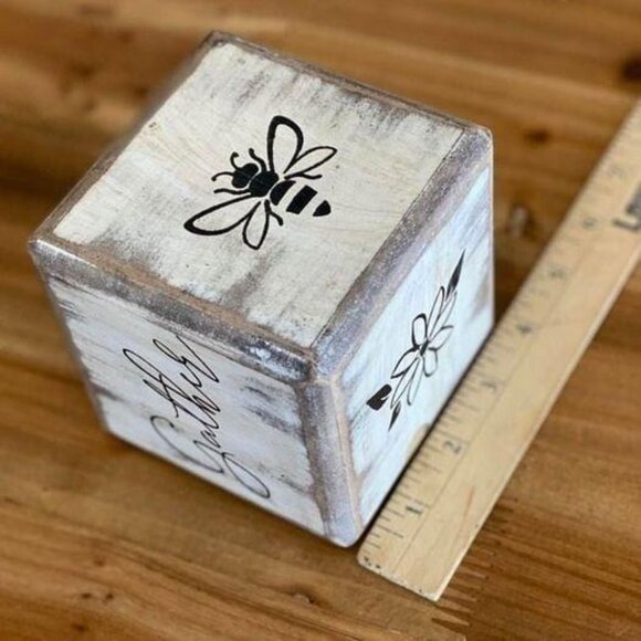 Wood Cube Farmhouse Decoration-Spring Happy Gather flower bee bicycle dice shape - Picture 2 of 6